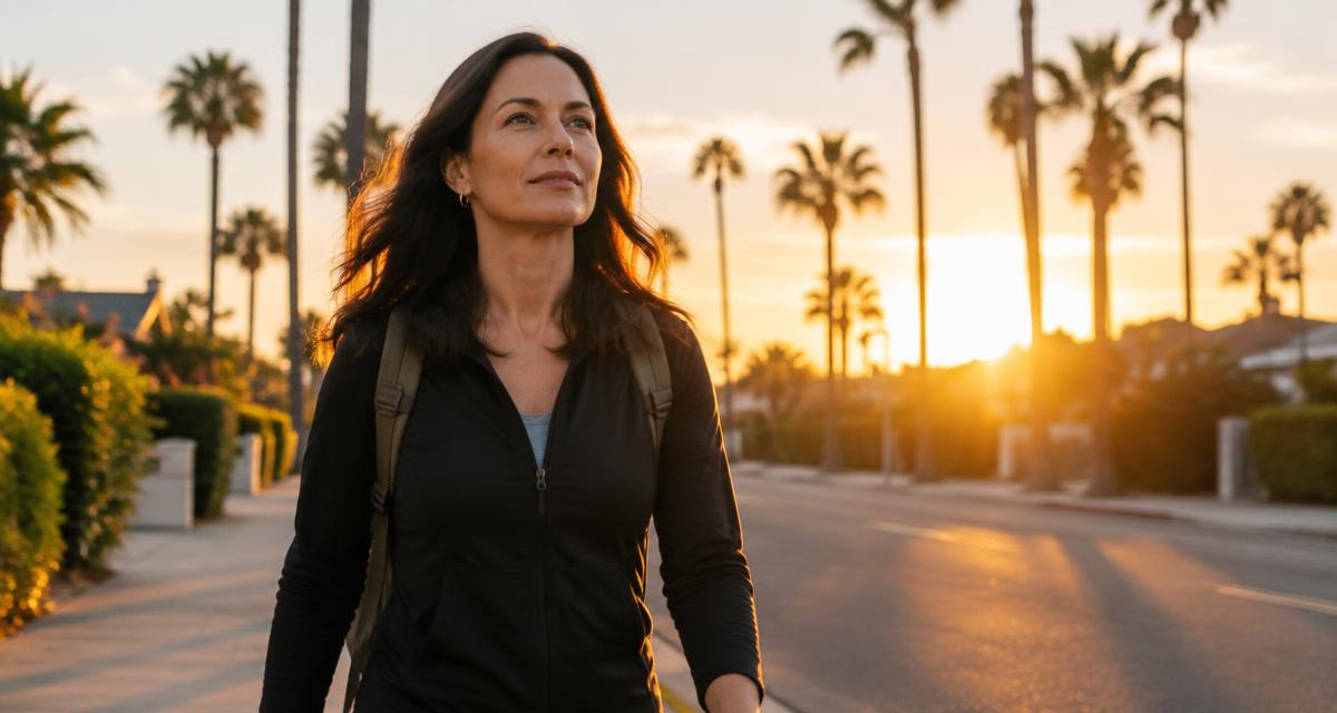 Woman walking on a California street at sunrise