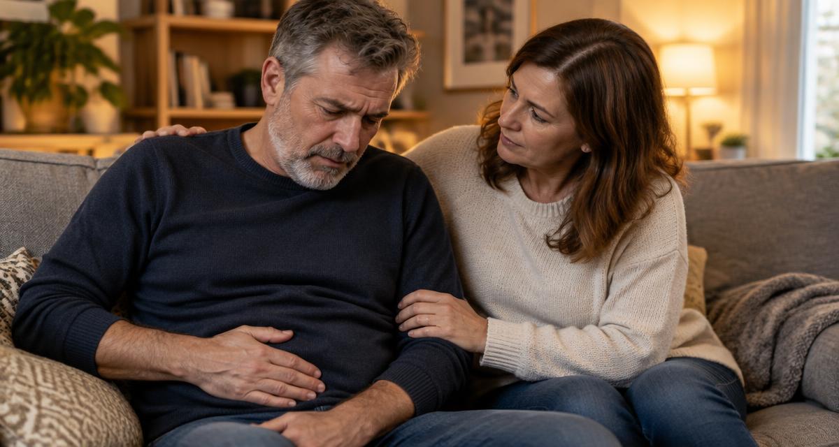 Man on a sofa holding his abdomen while his partner comforts him