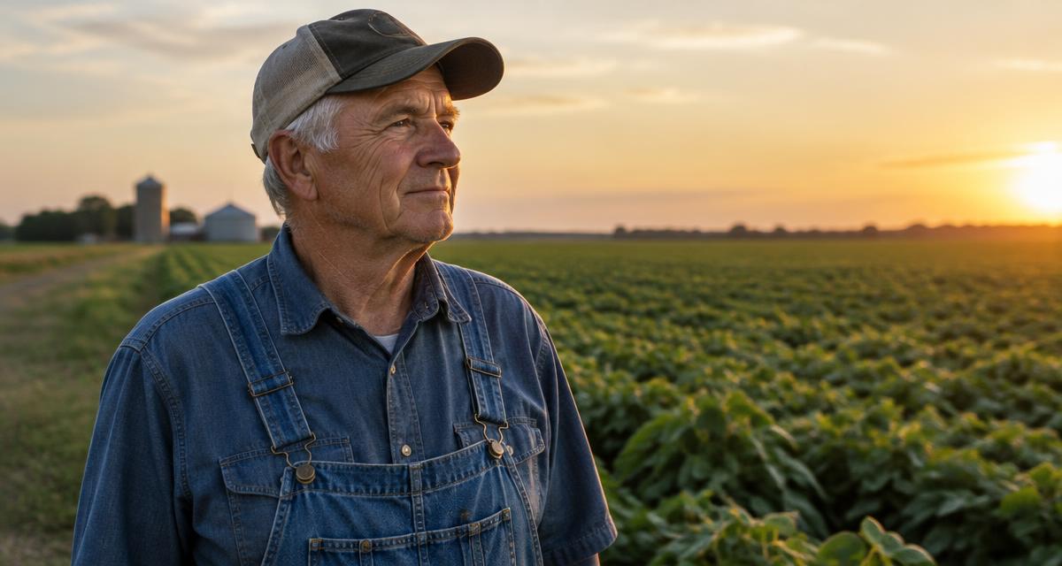 Farmer standing at the edge of a crop field at sunset
