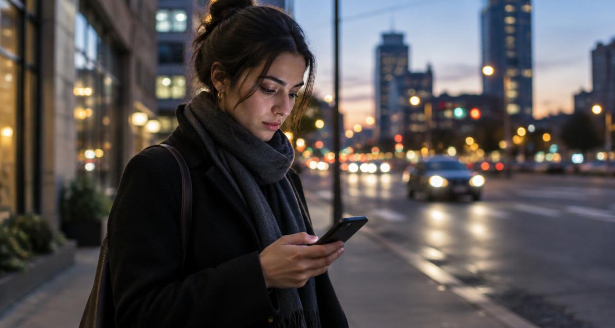 Woman on a city sidewalk at dusk looking at her phone